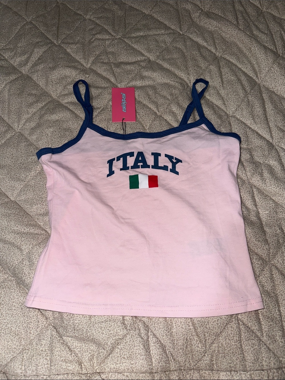 Edikted Pink Italy Tank Top with Navy Trim